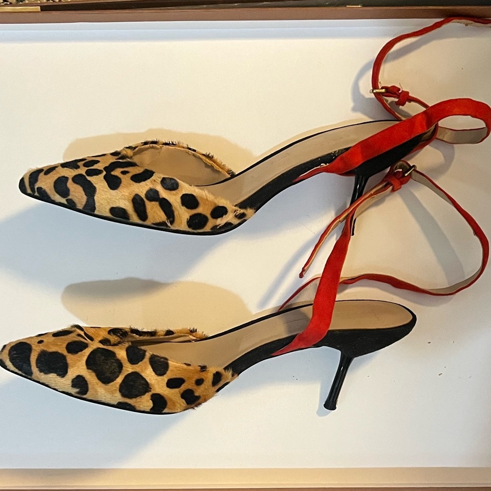 Zara Leopard Print & Red Pointed-Toe Ankle Tie Kitten Heels